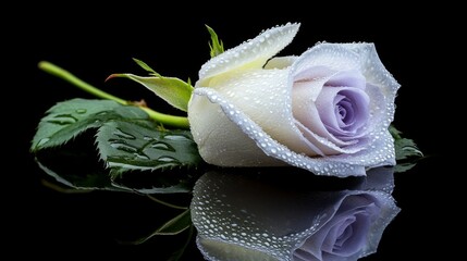 Aufkleber - A single lavender rose with delicate water droplets on its petals, set on a reflective black surface for a luxurious and artistic feel