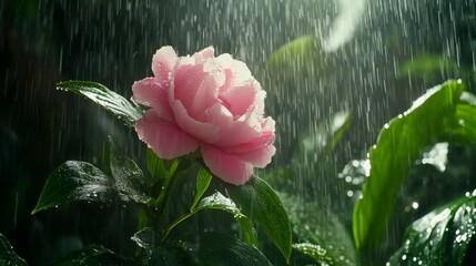 Poster - A stunning shot of a pink peony with sparkling water droplets, surrounded by lush green foliage, capturing the lushness and beauty of a garden after a rain shower.