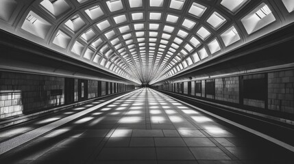Poster - A wide shot of a subway tunnel with long, parallel tracks stretching ahead, with faint lighting casting shadows on the tunnels curved walls and floor
