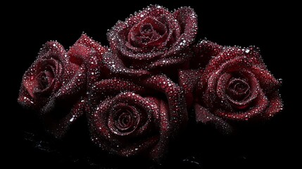 Poster - Dark red roses covered in tiny water droplets, arranged against a black background for a bold and dramatic effect