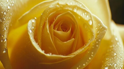 Poster - Macro shot of water droplets on a yellow rose petal, reflecting light and creating a detailed, fresh appearance