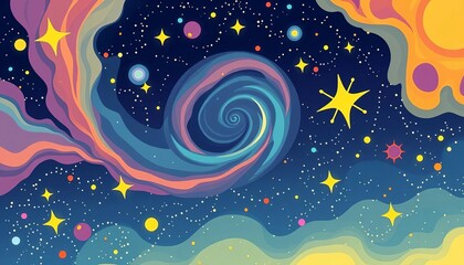 Vibrant cartoon cosmos; swirling nebulas, glittering stars, galaxies in playful vector style, cartoon, background