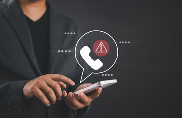 Fototapete - System hacked warning alert, Businessman using smartphone with Fraud call center or cyberattack network. Cybersecurity and cybercrime. Compromised information internet.