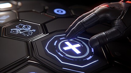 A futuristic hand interacts with a glowing hexagonal interface.