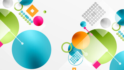 Poster - Abstract shapes overlap, creating vibrant composition. Circles, squares, dots form dynamic visual pattern. Colors blend seamlessly.