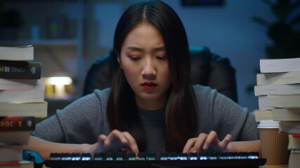 Closeup of Female computer programmer works on complex software development tasks at her home office late into the night. Software developer, artificial intelligence and programming concept