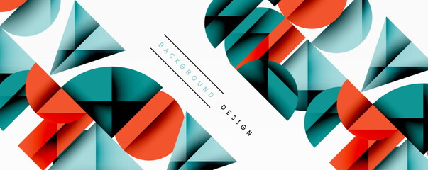 Poster - Abstract geometric shapes overlap, creating dynamic visual texture. Blue, teal, red hues dominate white space. Modern design element.