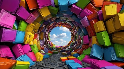 Poster - Vivid psychedelic vortex of geometric color shapes forming a surreal tunnel