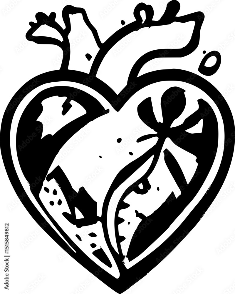 Black and White Anatomical Heart Vector Illustration with Artistic ...