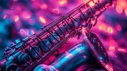 Wall Mural - a vivid saxophone bathed in neon lights creates a mesmerizing visual experience. its curves and refl