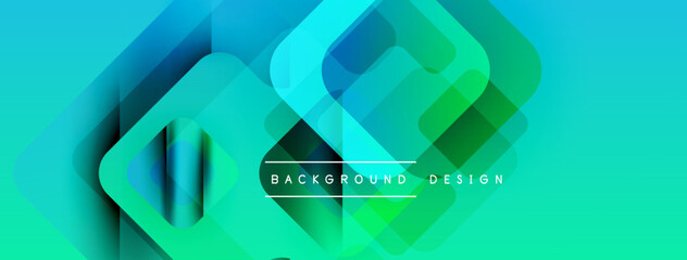 Poster - Abstract geometric shapes overlap, creating vibrant gradient background. Modern design features layered squares, rectangles, turquoise hues.
