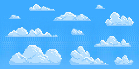 Wall Mural - Pixel clouds set for game background - fluffy cumulus cloudscape in 8 bit style. Cartoon sky elements, retro gaming sprites, pixelated aerial landscape assets. Decorative nostalgic pixelart designs.