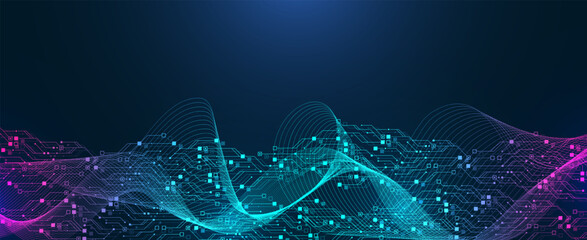 Aufkleber - Artificial Intelligence or machine learning vector design. Quantum computer technology concept with circuit board and motherboard texture background design. Waves flow quantum explosion