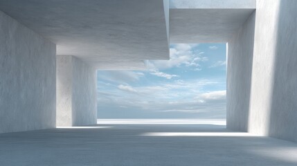 Poster - Minimalist concrete structure framing a view of a cloudy sky, creating a serene atmosphere and an expansive sense of open space