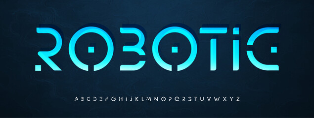 Poster - Robotic cyber font, futuristic techno alphabet, geometric sci-fi typeface with digital gaming feel, AI logo branding, space-themed headline, modern virtual identity. Vector typeset.