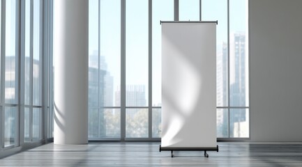 Aufkleber - Roll up banner mockup positioned in a modern office hall featuring large windows, providing ample copy space for branding and messaging