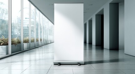 Poster - White roll up banner displays in spacious corporate hallway with large windows, creating ideal advertising space