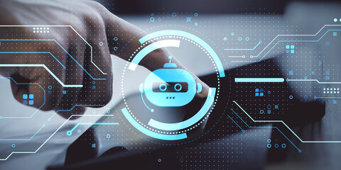 Fototapete - Human hand interacting with chatbot interface on digital screen, symbolizing artificial intelligence and automation in modern technology concept.