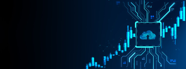 Fototapete - Cloud computing upload icon with digital circuit lines and candlestick chart on futuristic tech background illustrating data growth concept. 3D Rendering