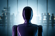 © Who is Danny - Futuristic humanoid robot in corporate office with blurred businesspeople and cityscape background representing AI in workplace future. 3D Rendering