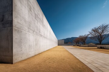 Poster - Concrete wall rising from dry grass field with blue sky and mountains in background