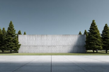 Poster - Minimalist modern architectural rendering showcasing a concrete wall, pine trees, clear sky and a clean, flat expanse of grey tiles