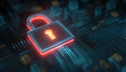 Aufkleber - Digital illustration of a glowing padlock securing digital information on a circuit board, representing cybersecurity and data protection