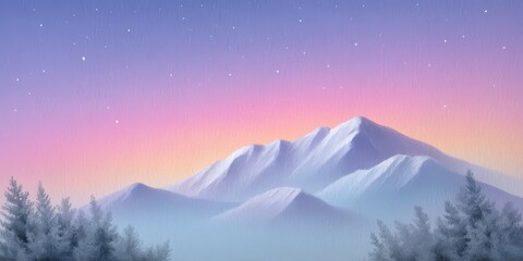 Wall Mural - Serene Winter Mountain Landscape  Pastel Sunset  Snow Capped Peaks   Starry Sky