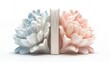 © Permata - A pair of ceramic bookends shaped like stylized flowers, one blue and one peach, holding a closed book upright against a white backdrop