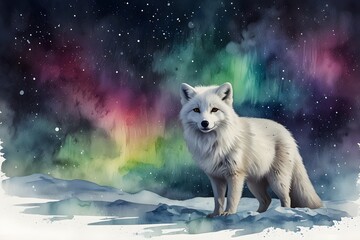 arctic fox with northern lights in the background in watercolor style