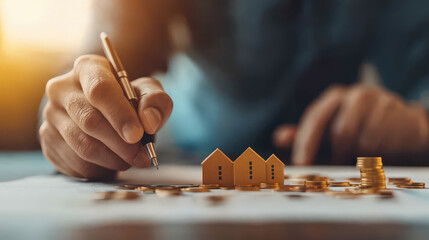 Aufkleber - Person is writing on document with pen, surrounded by small house models and stacks of coins, symbolizing real estate investment and financial planning