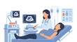 © meeblues - Adobe Illustrator Artwork Clear flat vector illustration of a pregnant woman receiving a USG ultrasound examination by a female doctor. Highlights prenatal care and medical technology