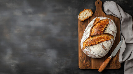 Aufkleber - Freshly baked loaf of bread with crispy golden crust rests on wooden cutting board, accompanied by bread knife and cloth, against dark textured background