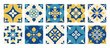 © IRYNA - Mediterranean geometric tiles pattern. Interior design. Mediterranean living background. Italian, Portuguese, Spanish traditional style aesthetic. Blue and yellow abstract mosaic. Vector illustration.