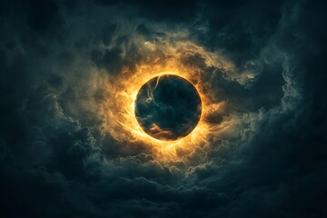 Wall Mural - Illuminated dark orb glows with radiant energy amid dramatic celestial clouds above