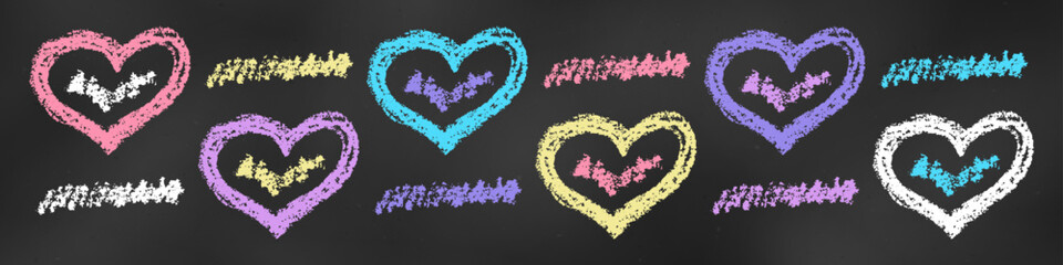 Wall Mural - Children's Chalk Drawn Sketch. Set of Design Elements Hearts and Scribbles Isolated on Chalkboard Backdrop.
