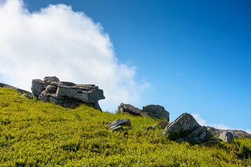 Wall Mural - boulder on a hill under blue sky with clouds in summer. huge sandstone among the grass. steep slope 