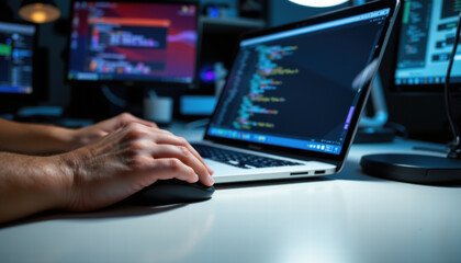 image showcases person working laptop, with hands mouse, surrounded by multiple computer screens dis