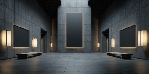 Aufkleber - Modern Art Gallery Interior With Empty Frames and Benches, Showcasing Minimalist Design and Creative Inspiration for Cultural Events and Artistic Expression : Generative AI