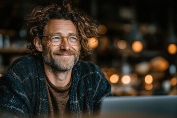 Leinwandbilder - Smiling Man with Glasses Working on Laptop in Coffee Shop, Illustrating Focus and Productivity for Freelance Lifestyle and Remote Work : Generative AI