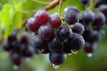 Poster - Fresh Grapes With Water Droplets on Vine, Symbolizing Healthy Eating and Agricultural Harvest : Generative AI