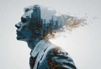 Aufkleber - Man in Profile With Cityscape Double Exposure, Representing Urban Ambition and Corporate Vision, Perfect for Business Leadership : Generative AI
