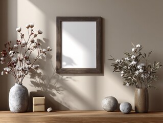 Leinwandbilder - Blank Frame Mockup on Wall With Cotton Branches in Vases, Ideal for Interior Design Showcase and Product Presentation : Generative AI