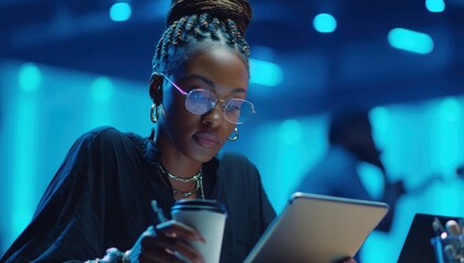 Poster - Focused African American Woman Working on Tablet With Coffee Cup, Demonstrating Productivity and Digital Transformation in a Modern Office : Generative AI