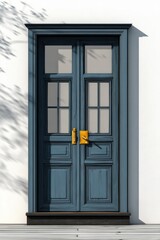 Aufkleber - Elegant Blue Double Doors with Golden Handles on White Wall, Symbolizing Opportunity and Architectural Design, Perfect for Real Estate Marketing : Generative AI