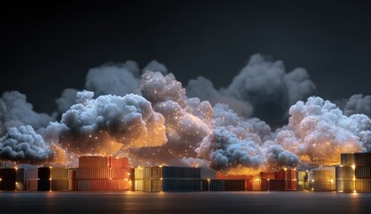 Aufkleber - Shipping Containers Under a Dramatic Cloudscape at Night, Illustrating Global Trade and Supply Chain Management with a Touch of Innovation : Generative AI