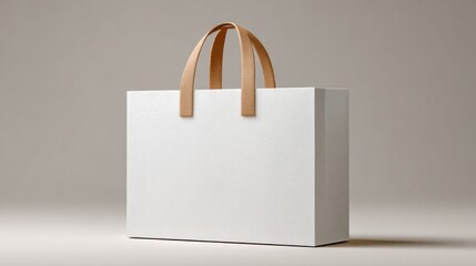 Poster - Elegant White Shopping Bag With Tan Handles Against Neutral Backdrop, Ideal for Branding and Retail Marketing Campaigns : Generative AI