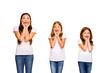 © deagreez - Crazy three sister ladies open mouth of unexpected great novelty wear casual outfit isolated yellow background