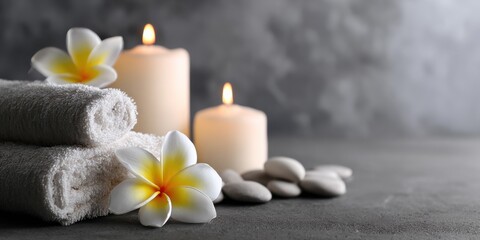 Aufkleber - Spa Still Life With Candles, Towels, and Frangipani Flowers, Representing Wellness and Self-Care in a Relaxing Atmosphere for Product Promotion : Generative AI