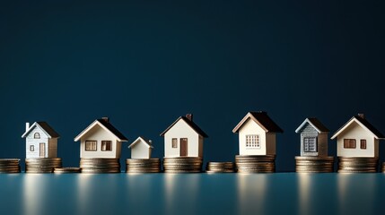 Poster - Row of Miniature Houses on Stacks of Coins Against Dark Blue Backdrop, Symbolizing Real Estate Investment and Financial Planning : Generative AI